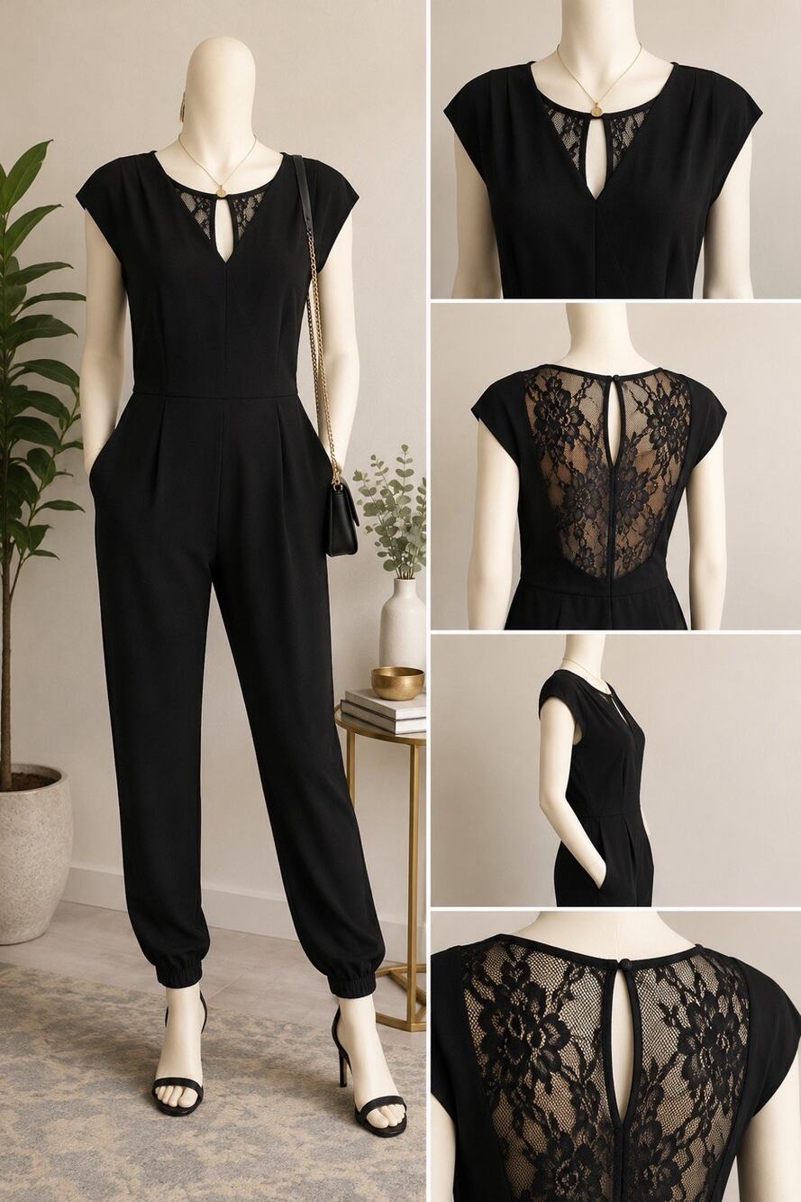 Metaphor Womens Black Lace Back Jumpsuit Large Cap Sleeve Jogger Pockets Career